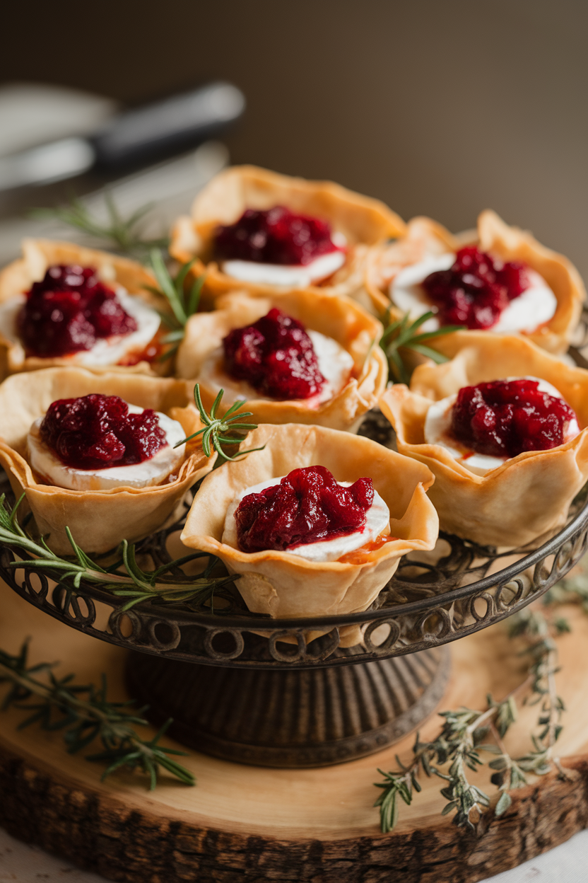 Photo of an indoor serving platter with flaky phyllo shells holding melted brie and jewel-toned cranberry sauce, gently lit; no text or logos.