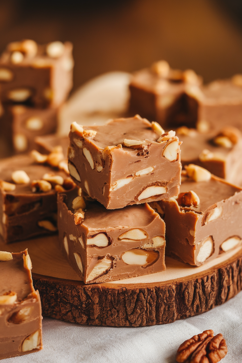 Indoor wooden board with thick squares of maple walnut fudge, nut pieces visible throughout; warm lighting, no logos. Photo, not illustration.