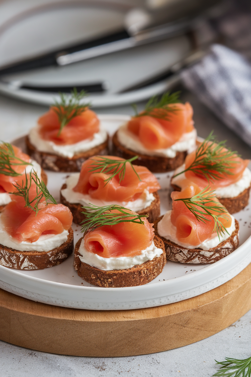 An indoor platter of cocktail-size rye rounds topped with smoked salmon, crème fraîche, and dill, photo, no text or logos.