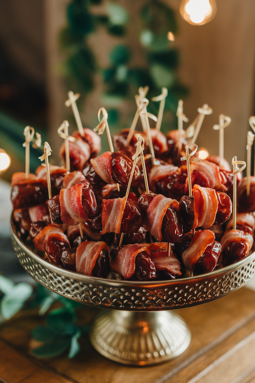An indoor serving platter piled with bacon-wrapped, toothpick-skewered Medjool dates, the bacon glistening and slightly crisp. Warm incandescent lighting, no text or logos visible. Photo only.