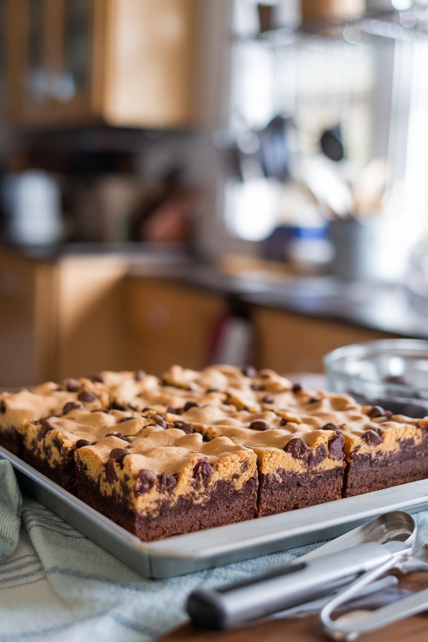 A pan of brookie bars—half brownie, half chocolate chip cookie—cut into squares on an indoor counter. No text or logos.</Prompt
