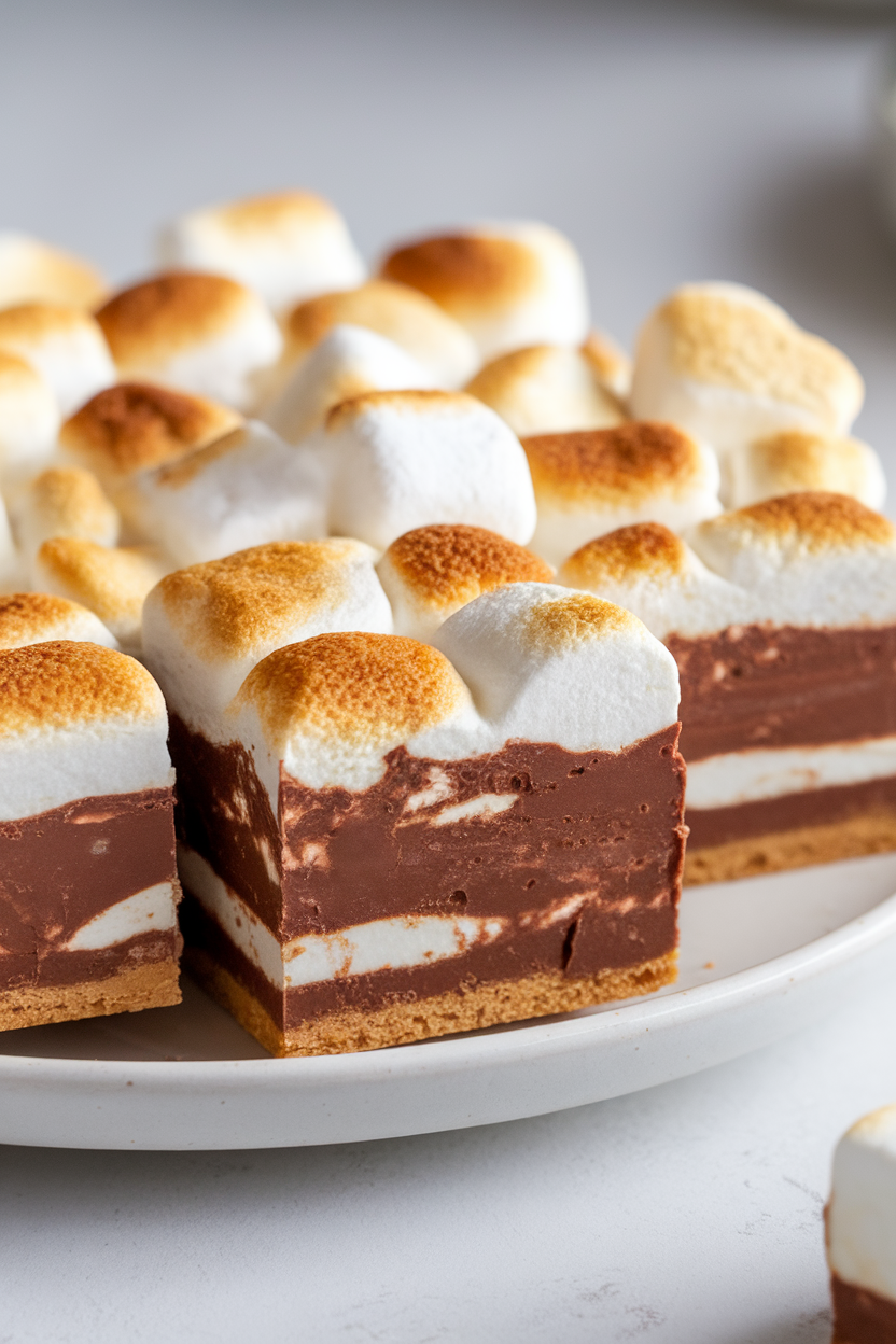 Indoor close-up of layered s’mores fudge: graham cracker crust, chocolate fudge center, toasted mini marshmallows on top; no logos. Photo, not illustration.