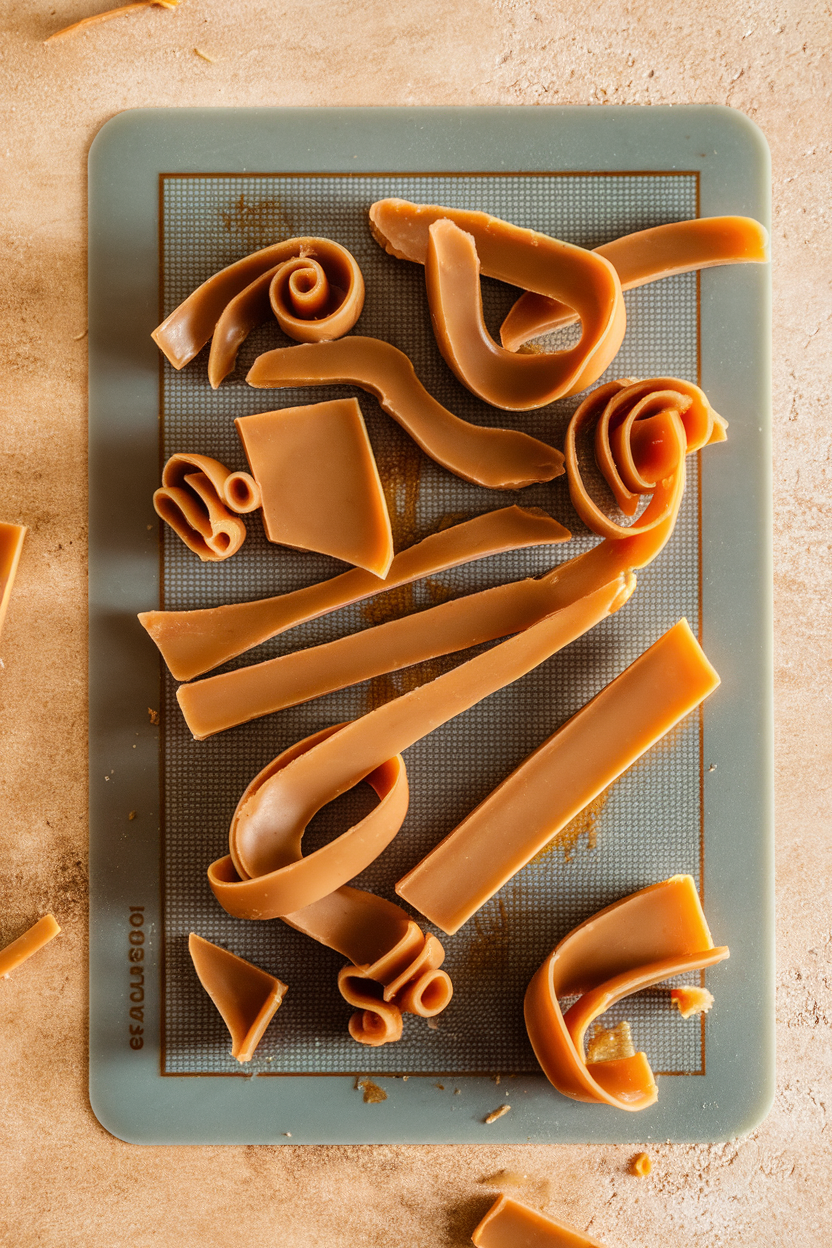 Indoor photo of golden caramel shards cooling on a silicone mat, no text or logos