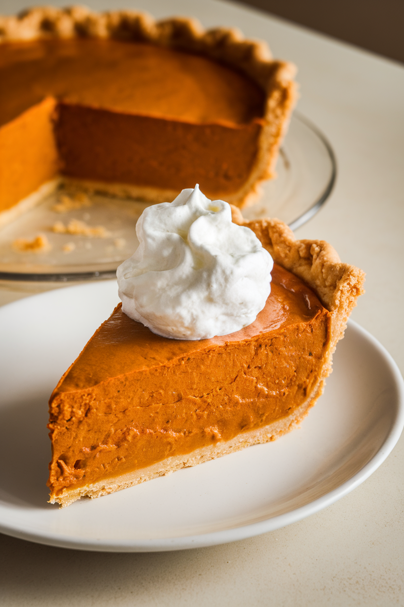 Indoor photo of a slice of pumpkin pie with a cloud of whipped cream, flaky crust edge visible, no text or logos.