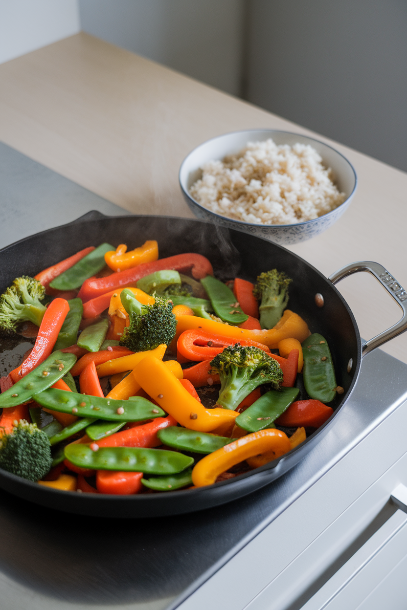 Indoor kitchen counter shot of a steaming skillet piled high with colorful cooked bell peppers, snow peas, carrots, and broccoli florets in a light soy-ginger glaze, with a side bowl of fluffy brown rice. No text or logos present.