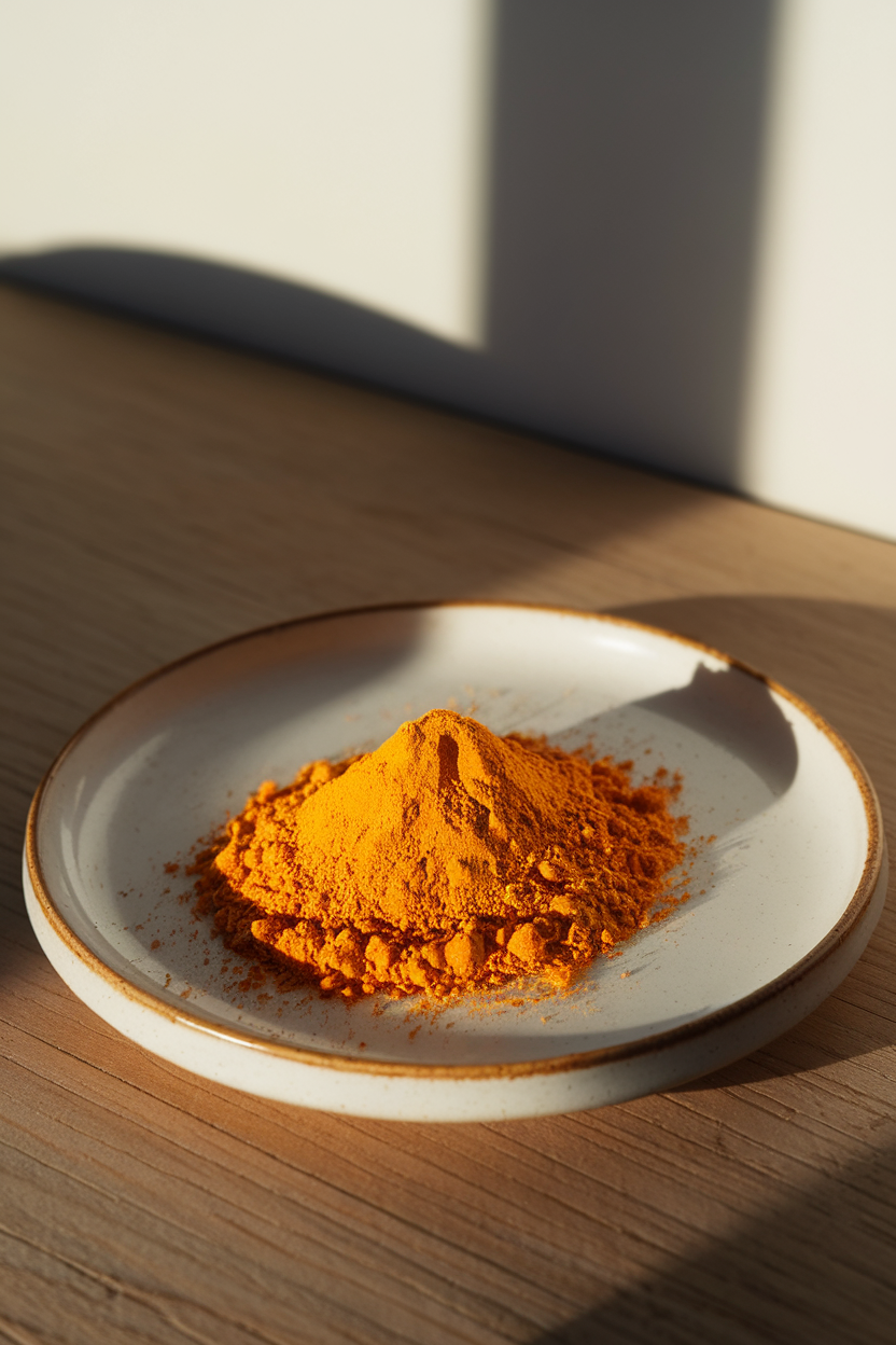 Indoor photo of vibrant ground turmeric forming a small mound on a white plate; no text or logos