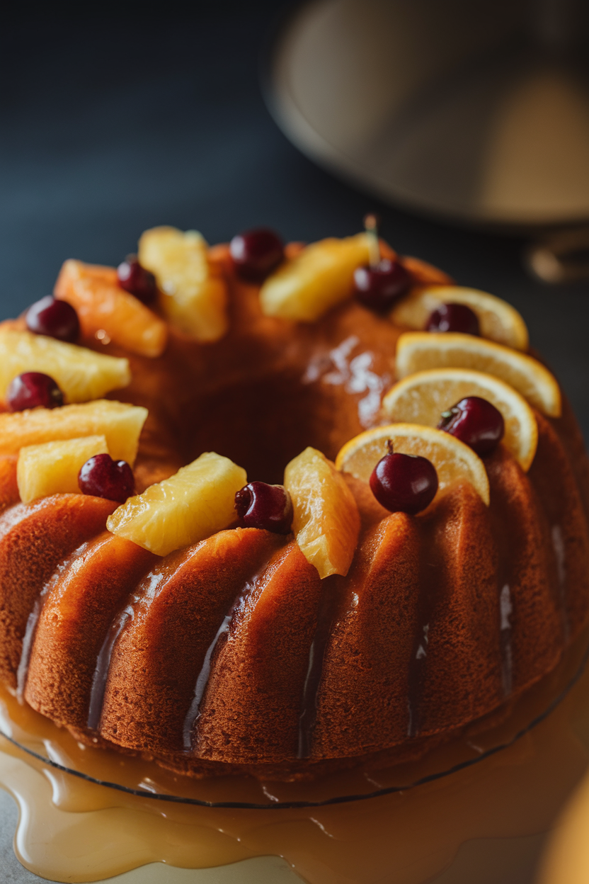 Bundt cake indoors showcasing caramelized rings of pineapple, cherries, and citrus slices, glazed with a warm rum syrup. Soft spotlight, no logos.