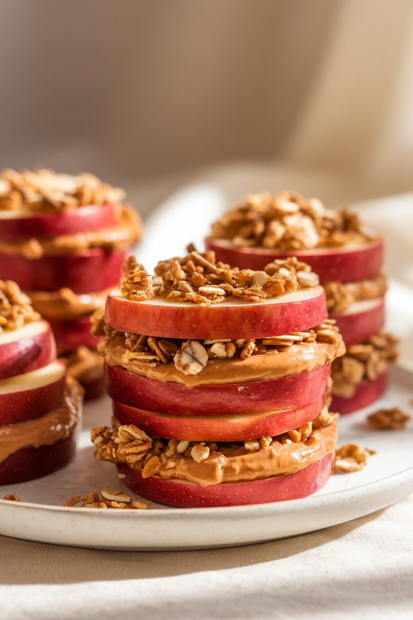 A white indoor plate holding stacked apple ring “sandwiches” filled with almond butter and sprinkled with granola. Soft natural light, no text or logos in frame.