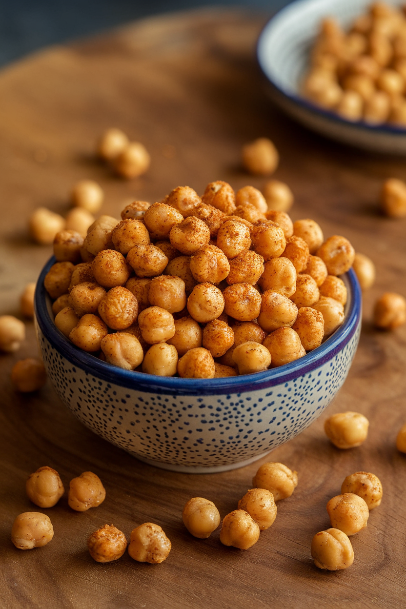 Indoor bowl of golden roasted chickpeas coated in za’atar spice, photographed from above on a wooden tabletop. No text or logos present.