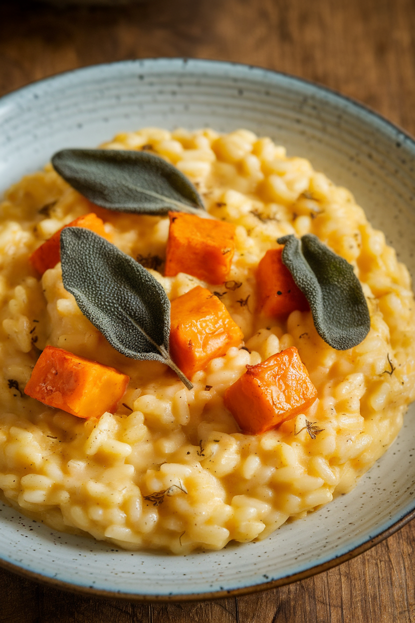 Indoor photo of creamy risotto dotted with roasted pumpkin cubes and crispy sage on a warm plate; no text or logos.