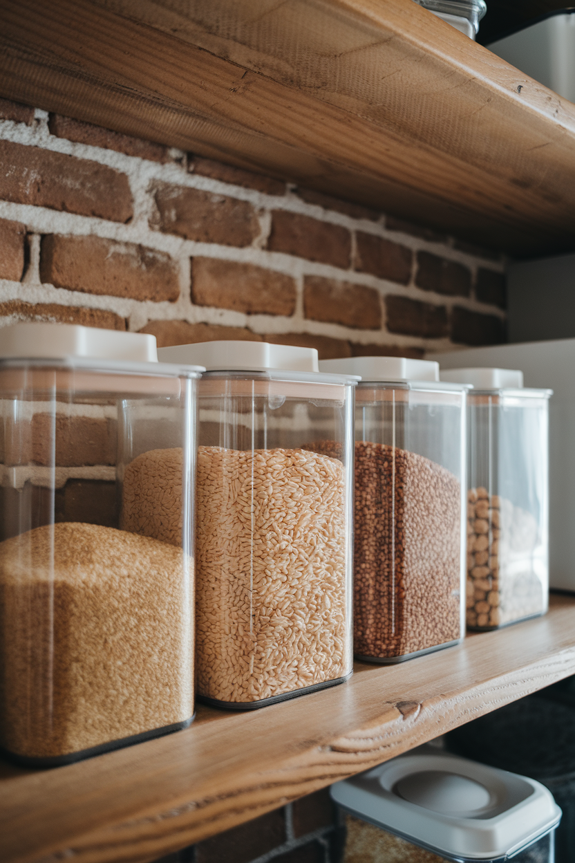 Indoor pantry shelf lined with clear canisters of brown rice, lentils, and nuts, silicone seals visible, no text.