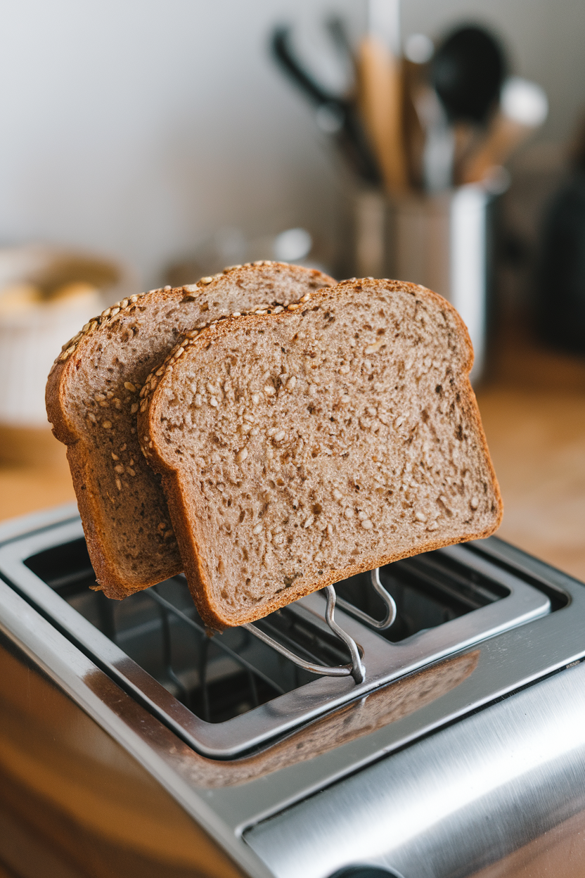 An indoor toaster releasing two slices of sprouted whole-grain bread with visible seeds, no text or logos on appliance.
