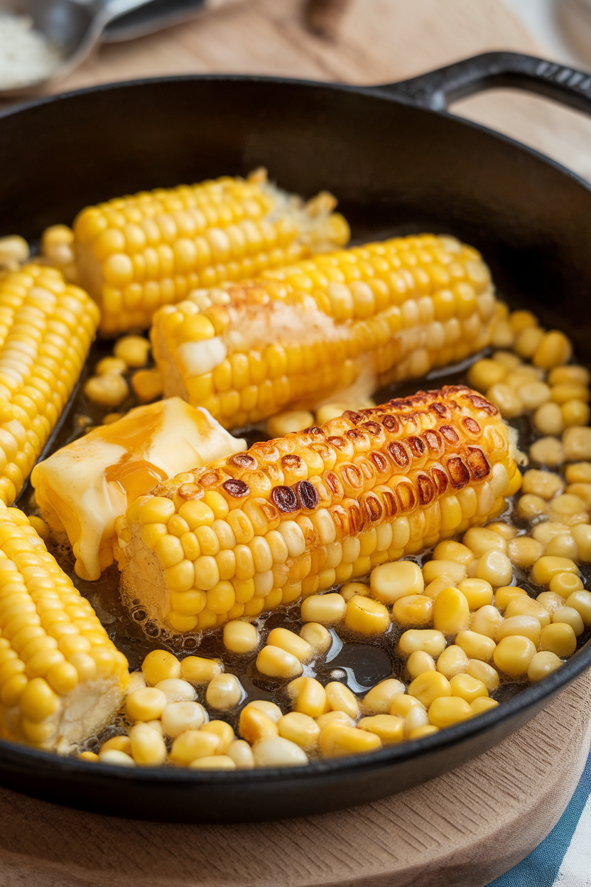 Indoor photo of yellow corn kernels sautéed in a cast-iron skillet with melting honey butter. No text or logos.