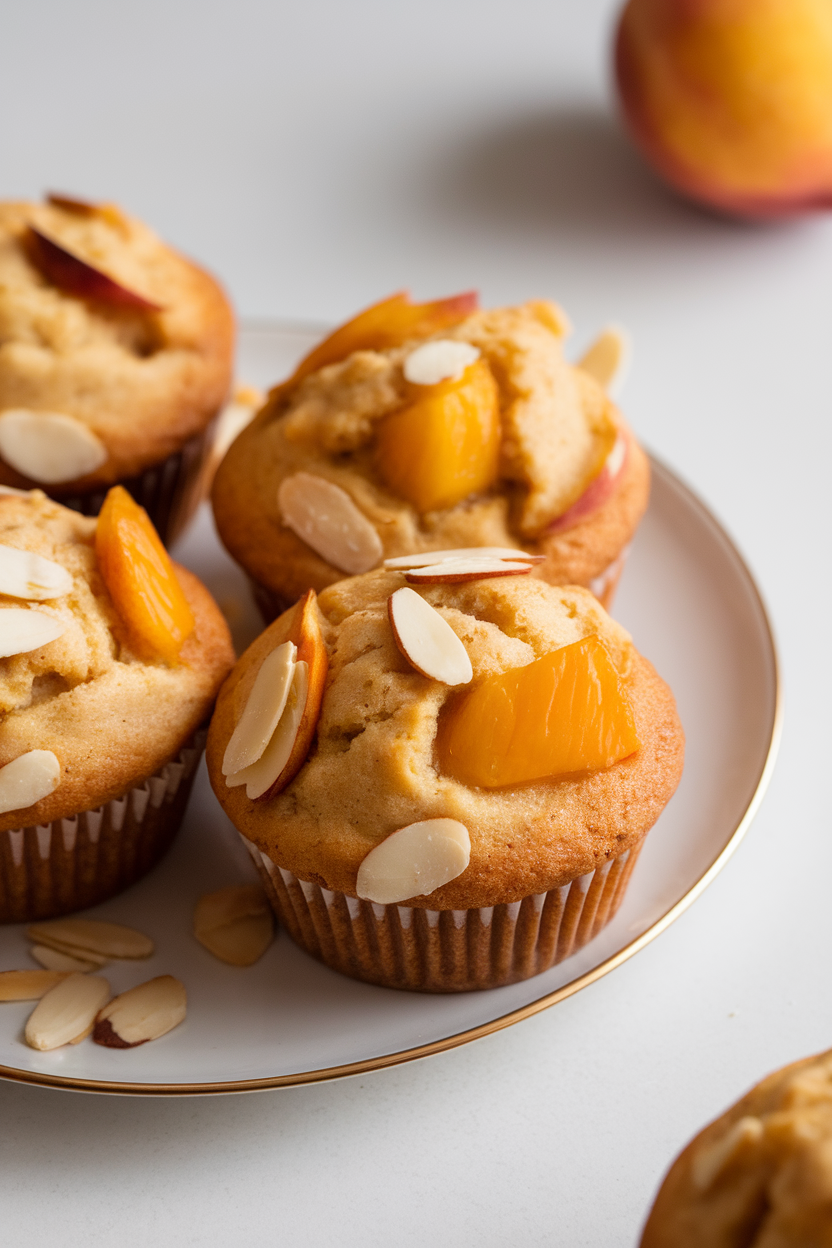 Indoor photo of peach muffins with almond slices and juicy peach cubes visible, no text or logos