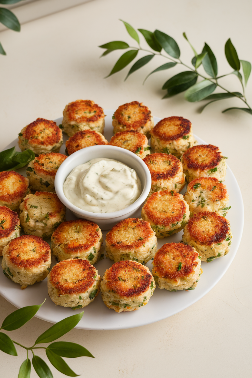 Indoor shot of bite-size crab cakes on a platter with creamy remoulade dipping bowl, no text or logos.