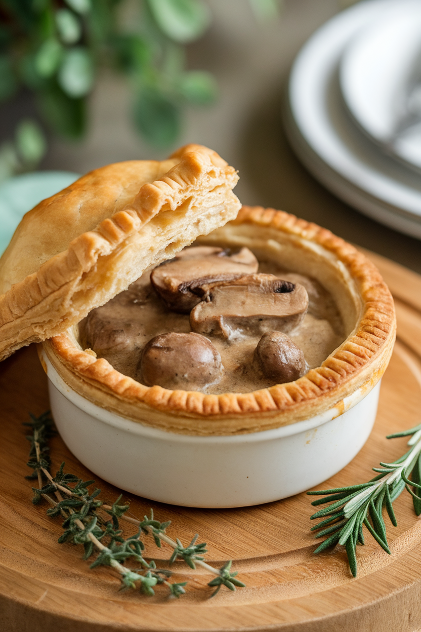 An indoor table showing a personal-size pot pie with a puff pastry lid cracked open to reveal rich mushroom gravy filling. This should be a photo, not an illustration. No text or logos anywhere in the scene.