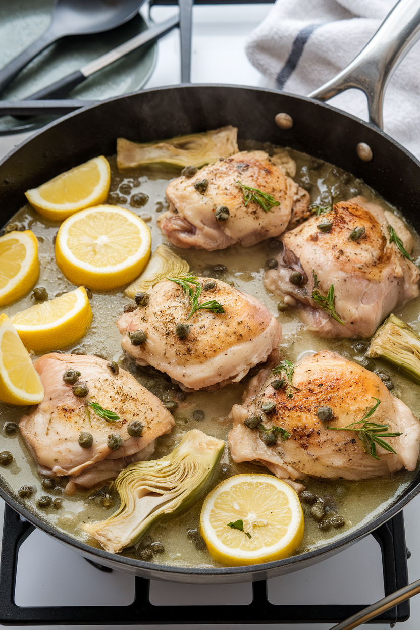 Indoor stovetop skillet brimming with chicken thighs, quartered artichoke hearts, lemon slices, and capers in a light broth. No text or logos; photo only.
