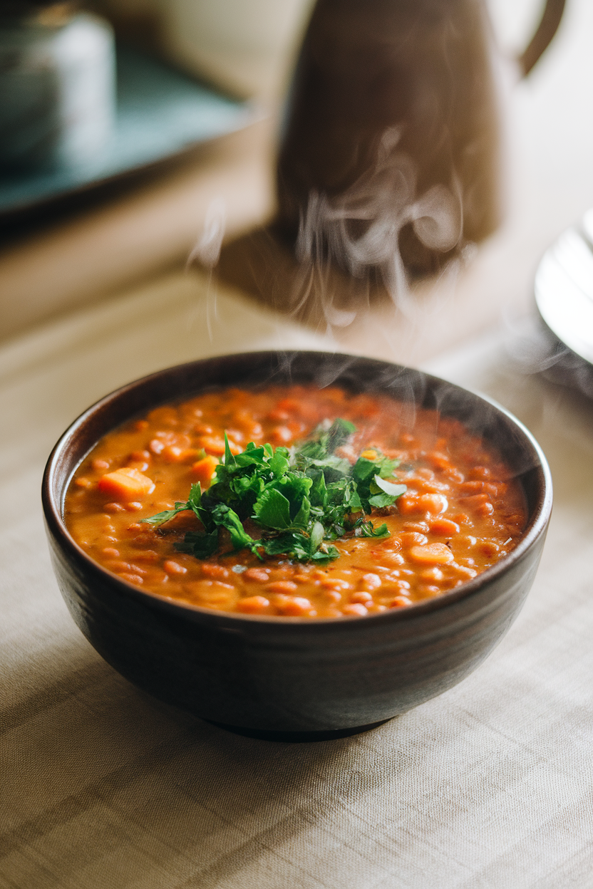 An indoor dining table holding a steaming bowl of thick lentil and sweet potato soup, garnished with chopped parsley. No text or logos; photo only.