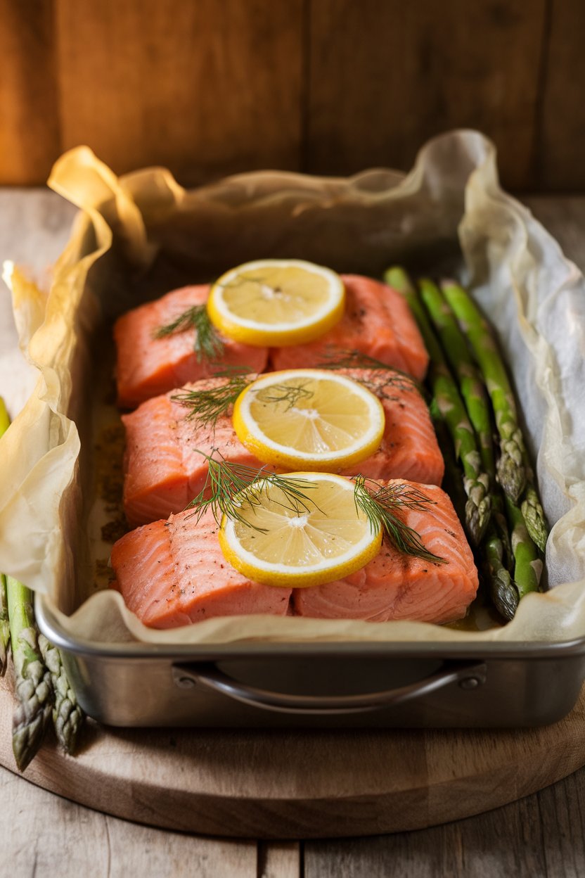 An indoor dining table featuring a parchment-lined baking dish of cooked salmon fillets topped with lemon slices and dill, asparagus spears nestled alongside. No text or logos. Photo.
