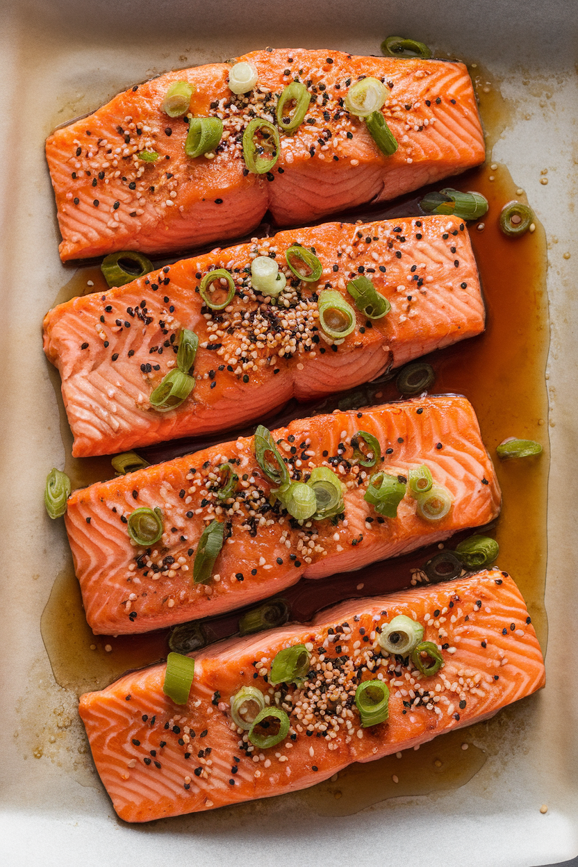Indoor photo of a parchment-lined tray holding cooked salmon fillets glazed with honey-soy sauce, sprinkled with sesame seeds and scallions. No text or logos; fish fully cooked.