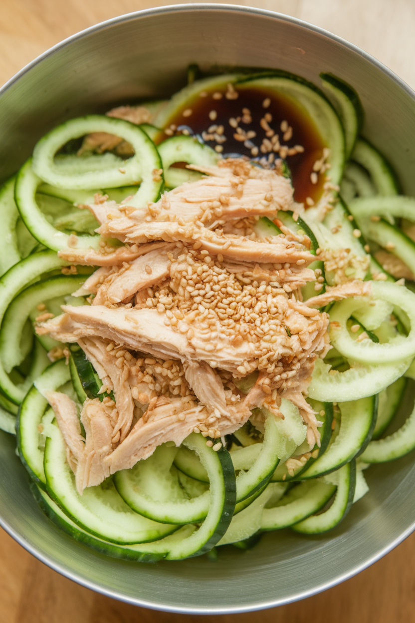 An indoor bowl of spiralized cucumber tossed with shredded chicken and sesame seeds, light soy dressing visible. Photo, no text or logos.