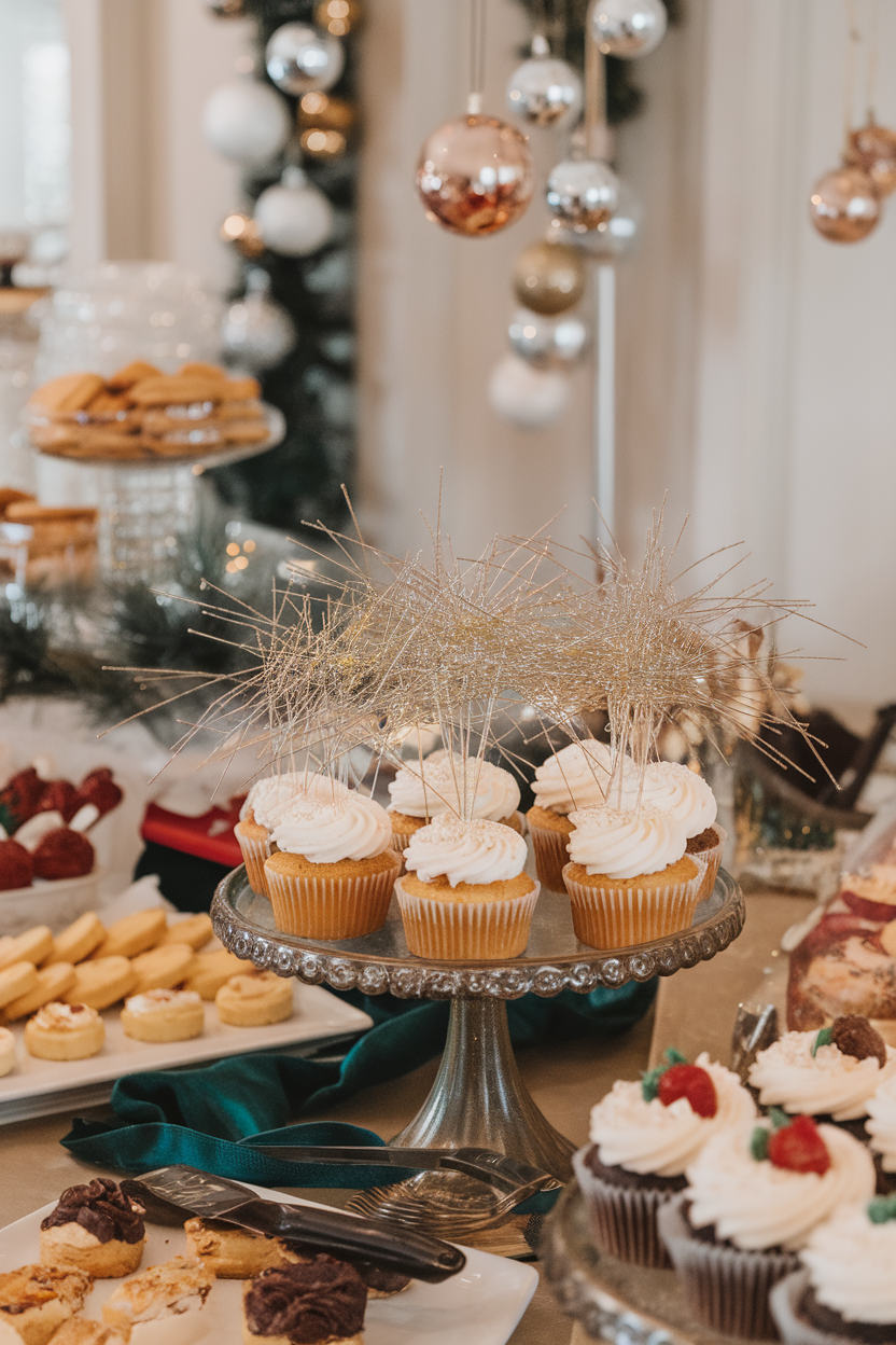 Photo of indoor holiday buffet with cupcakes sprinkled generously in long, thin metallic edible glitter strands over white frosting, no text or logos.