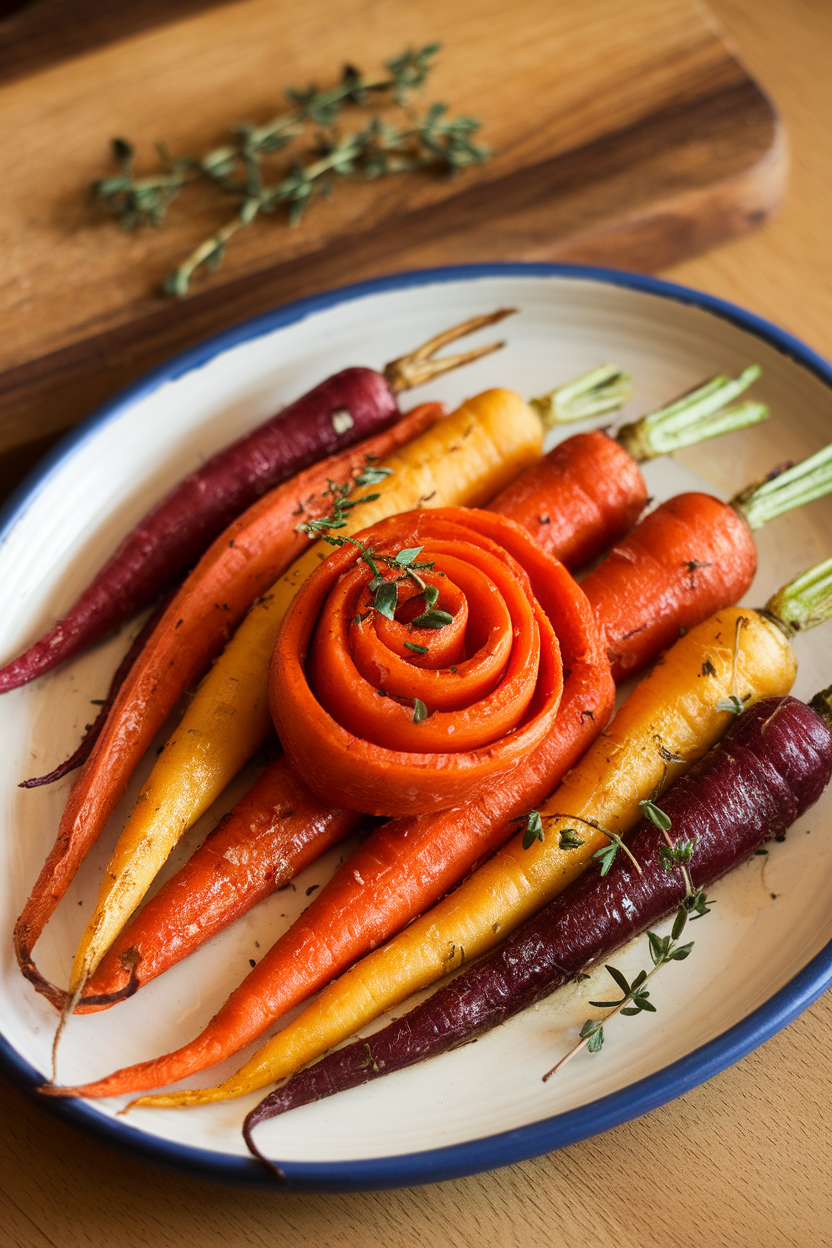 Indoor image of roasted rainbow carrots coated in honey and thyme on a ceramic platter, no text or logos.