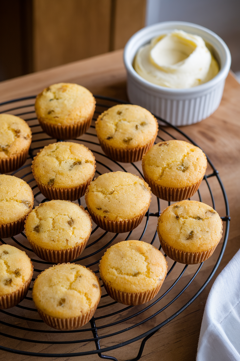 An indoor cooling rack of mini cornbread muffins studded with green jalapeño specks, a ramekin of whipped honey butter next to them. No text or logos visible.