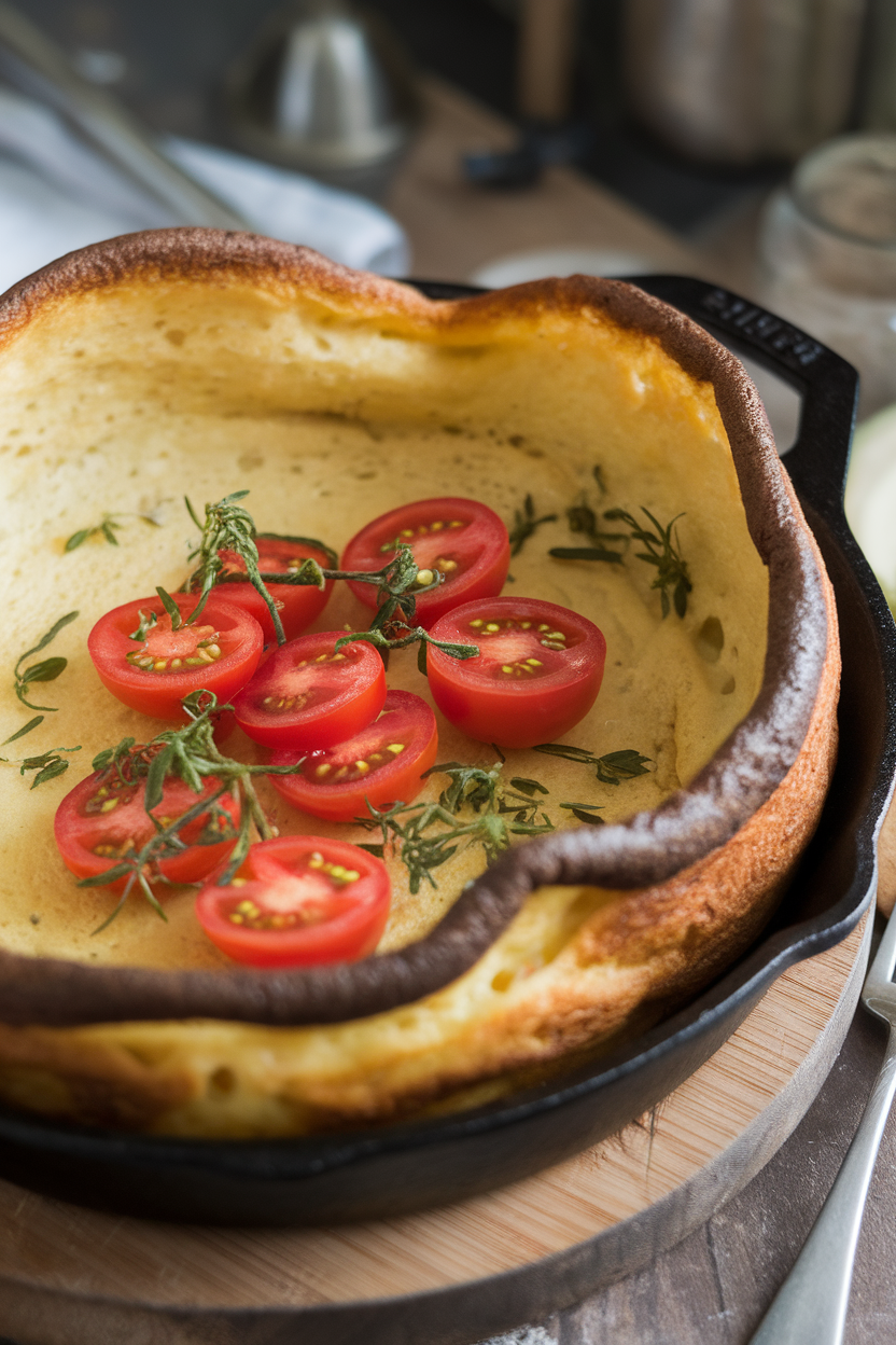A cast-iron skillet indoors holding a puffed Dutch baby pancake topped with sliced cherry tomatoes and fresh herbs, no text or logos.
