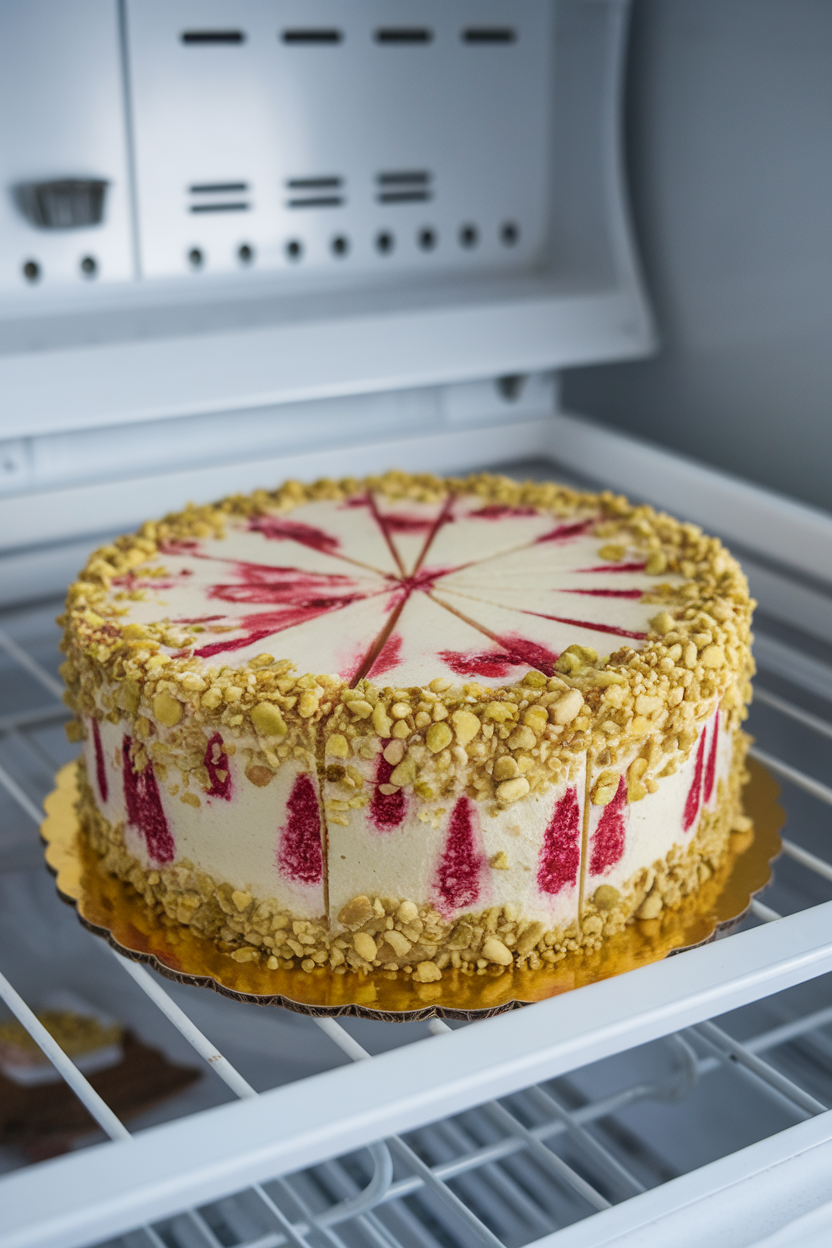 An indoor freezer-case style shot of a cold slice with visible raspberry ribbons and crushed pistachio crust. No text or logos. Photo, not illustration.