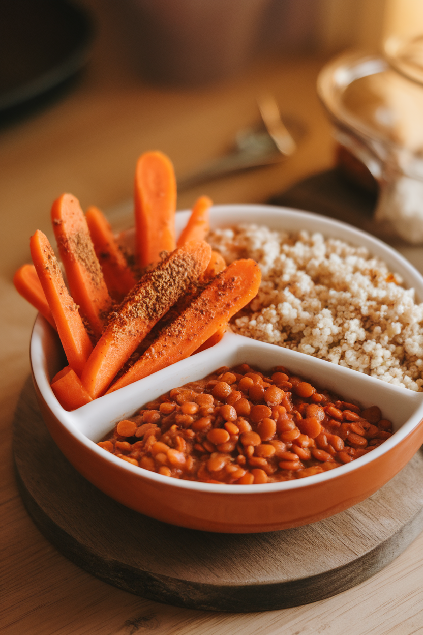 Indoor photo of a bowl sectioned with orange carrot sticks dusted in cumin, fluffy couscous, and hearty red lentil stew. No text or logos.