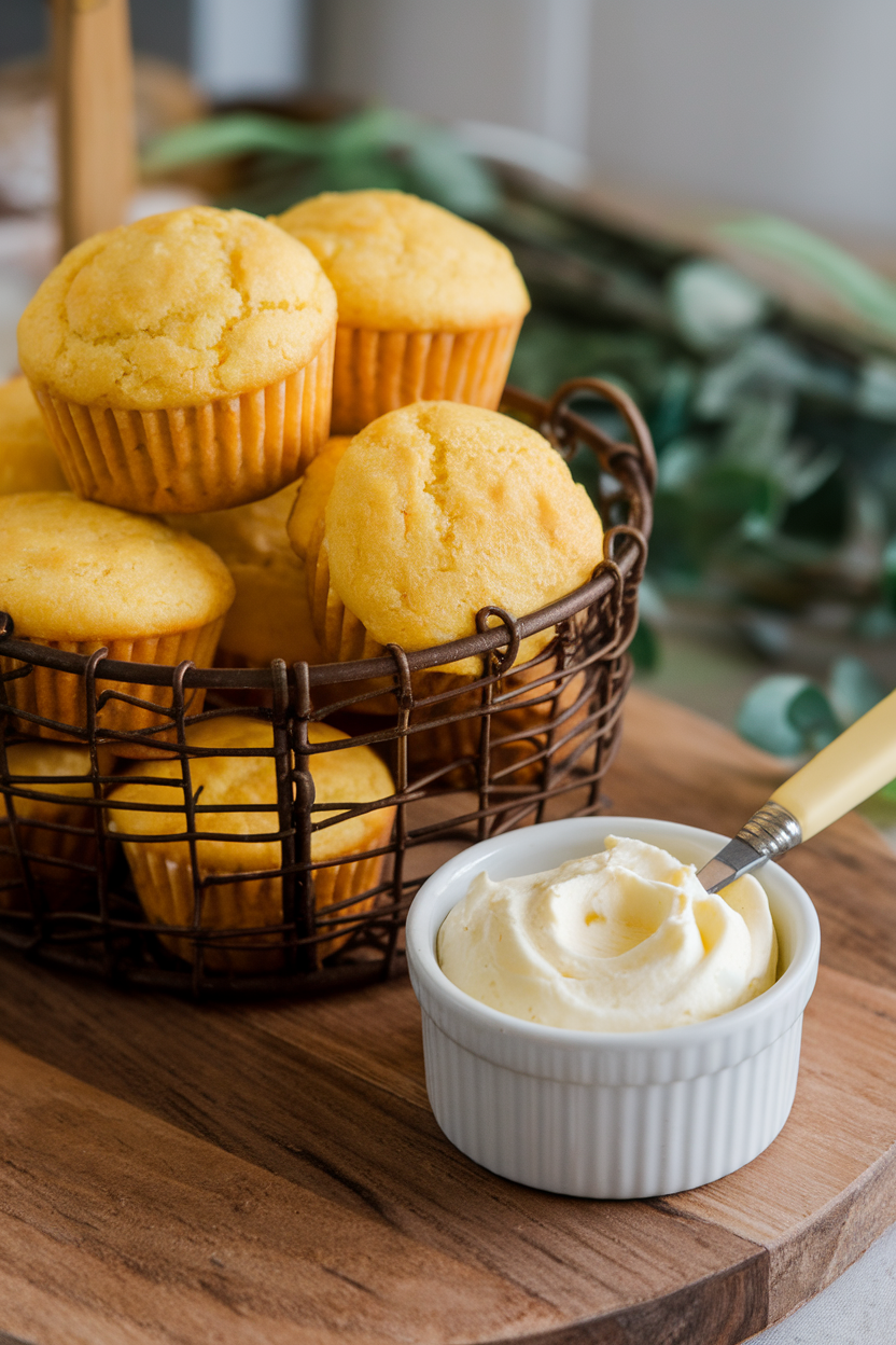 An indoor basket of golden cornbread mini muffins next to a small ramekin of whipped honey butter, a butter knife resting on the side. Photo, no text or logos.