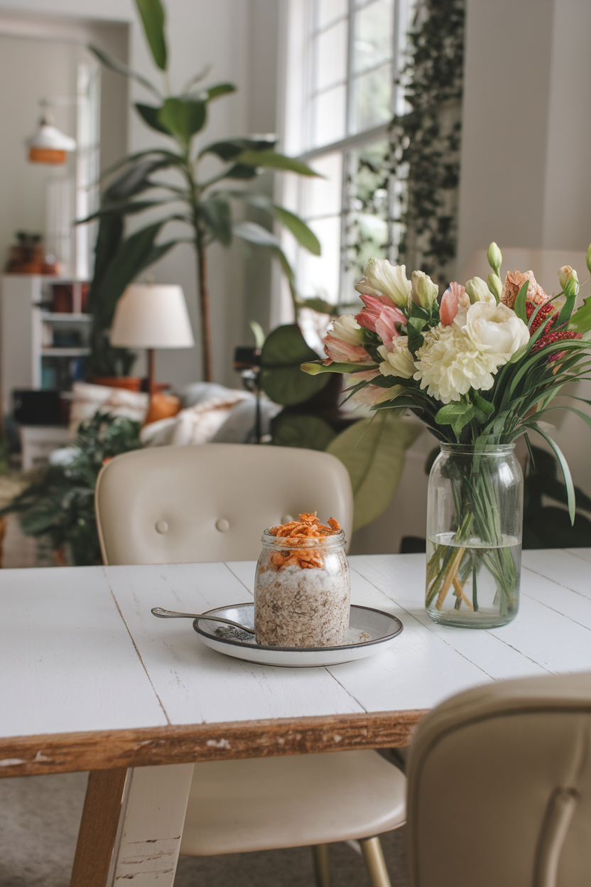 A cozy indoor breakfast nook showing a jar of coconut lime overnight muesli topped with toasted coconut flakes. Photo, no text or logos.