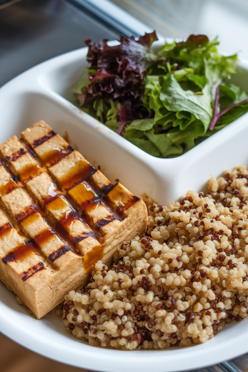 Photo of an indoor divided plate showing grilled tofu (protein), quinoa (carb), and mixed greens (fiber and micronutrients). No text or logos.