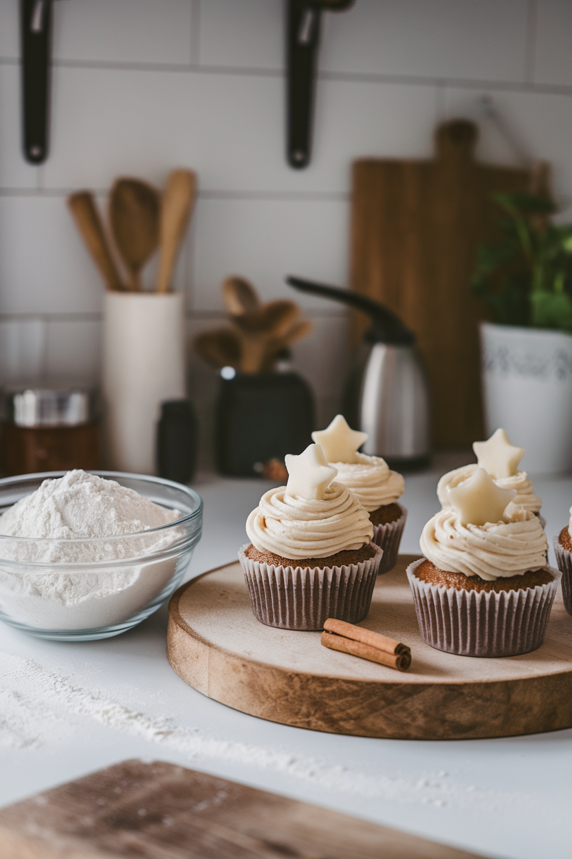 Photo of indoor cozy kitchen with cupcakes frosted lightly and garnished with a small cinnamon stick and star-shaped frosting accent, no text or logos.