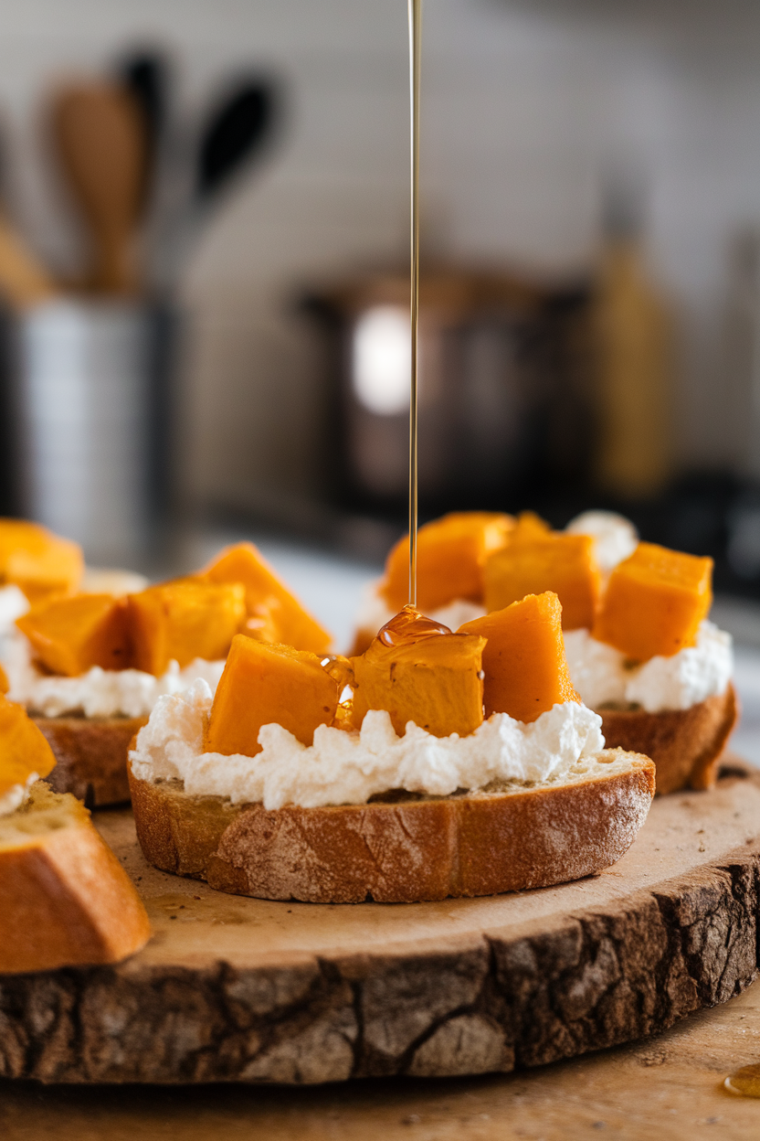 Rustic indoor wooden board holding slices of toasted sourdough topped with whipped ricotta and roasted pumpkin cubes, drizzle of honey glistening. No text or logos present.