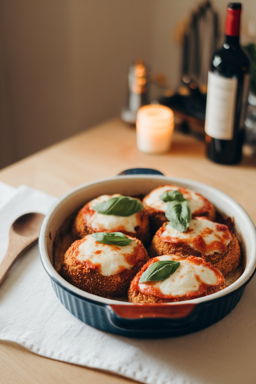 An indoor dining table with a casserole dish of breaded, baked eggplant rounds topped with melted mozzarella and fresh basil. No text or logos. Photo.