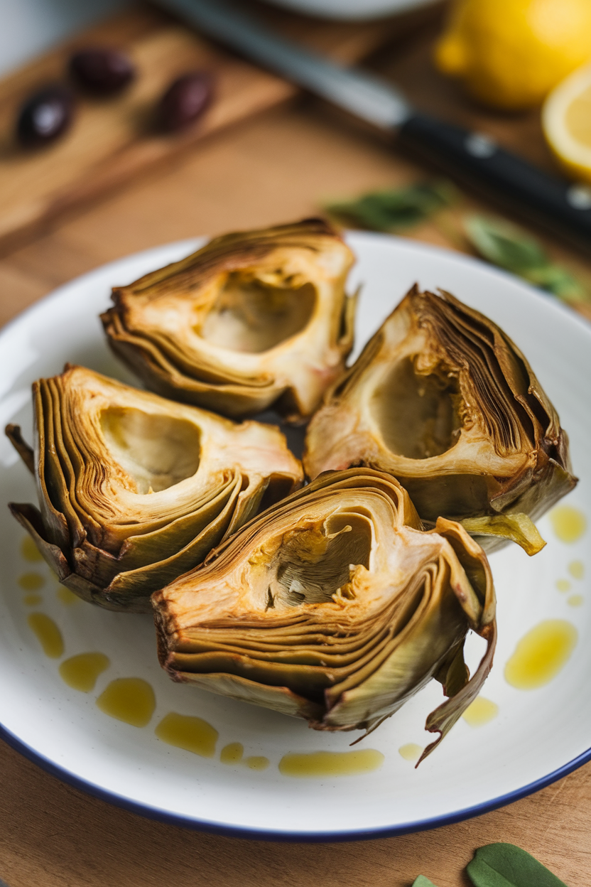Indoor photo of cooked quartered artichoke hearts drained on a white plate; no text or logos