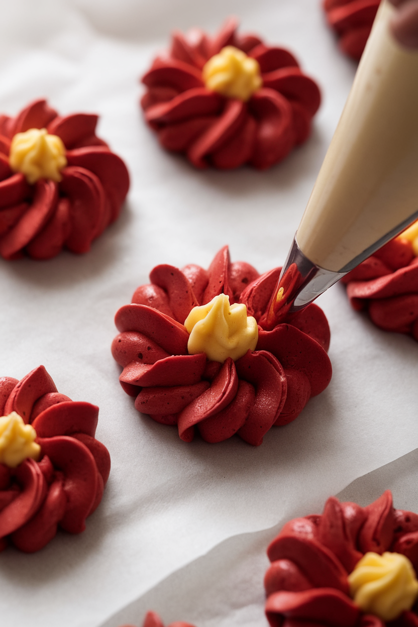 Close-up indoor shot of red buttercream petals and yellow centers being piped onto parchment, no text or logos