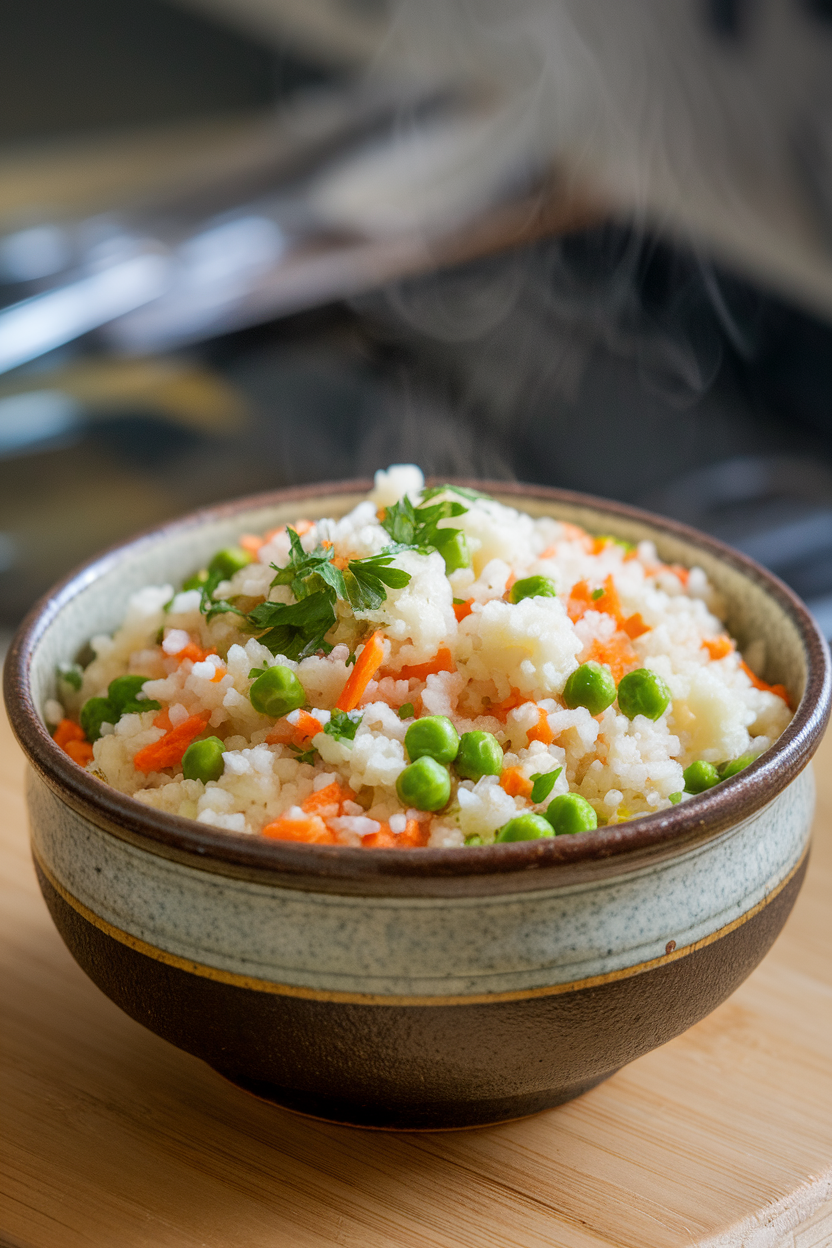 A ceramic indoor bowl of cauliflower rice mixed with peas, carrots, and chopped parsley, steam rising gently. No logos or text. Photo only.