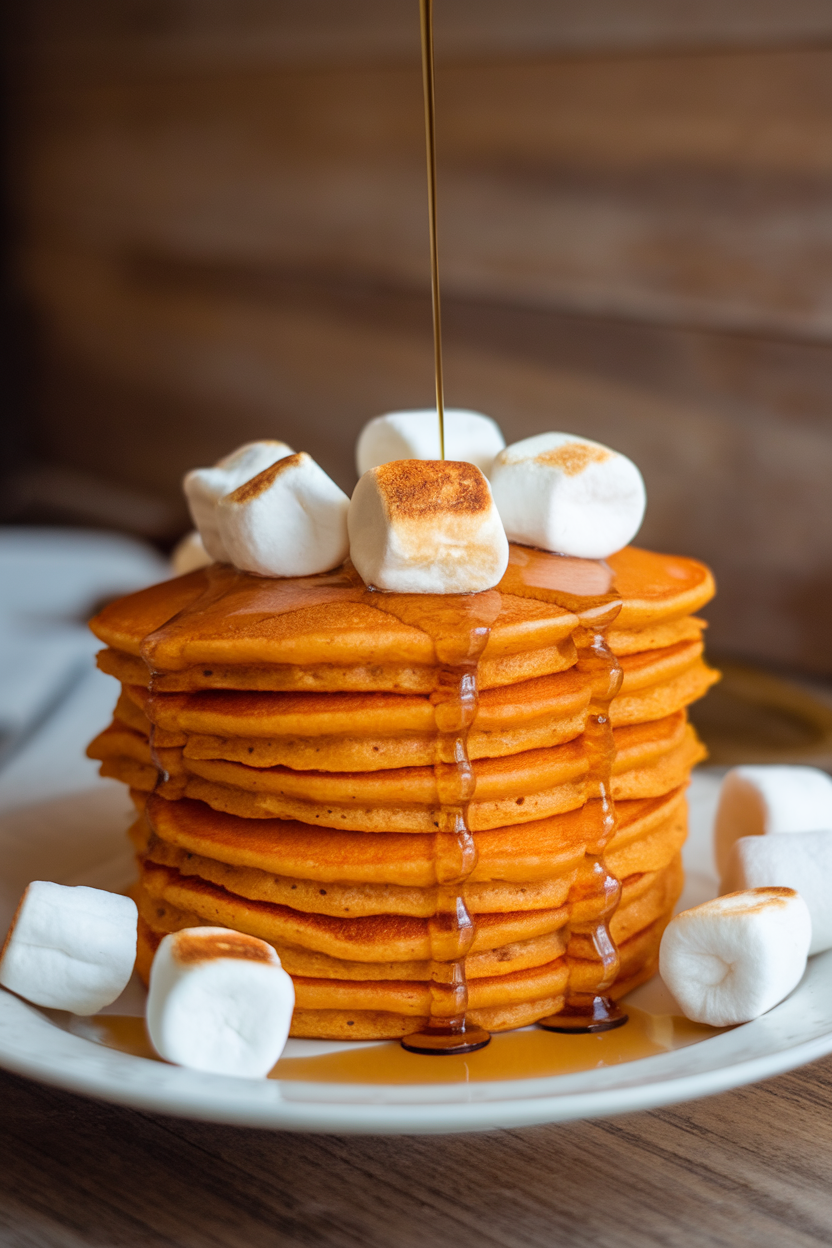 Indoor photo of orange sweet-potato pancakes crowned with lightly torched mini marshmallows; no text or logos.