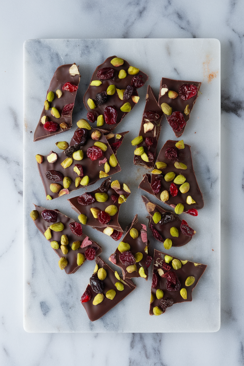 An indoor marble slab with broken pieces of dark chocolate bark studded with green pistachios and dried cranberries; no text or logos.