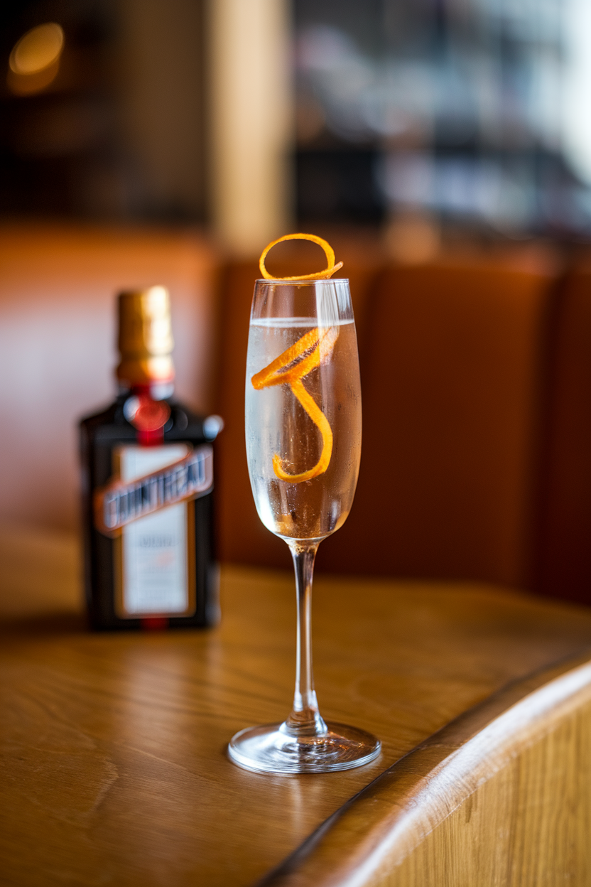 An indoor cocktail lounge with a flute containing clear Champagne and a thin spiral of orange zest, small Cointreau bottle blurred in background. Photo, not illustration. No text or logos.