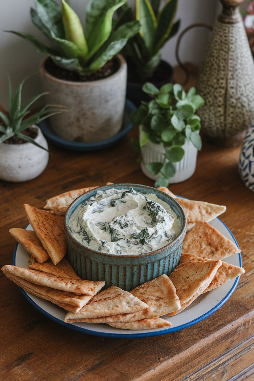 An indoor coffee table spread with a rustic ramekin of creamy spinach dip made with Greek yogurt, surrounded by whole-grain pita triangles—photo, no text or logos.