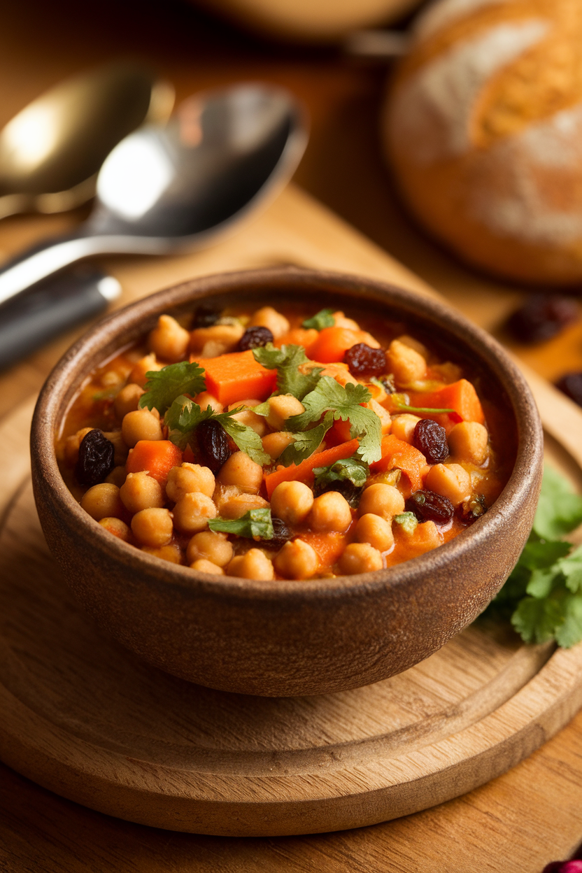 Indoor photo of a rustic bowl with thick chickpea stew, visible carrots, raisins, and chopped cilantro, warm lighting, no text or logos.