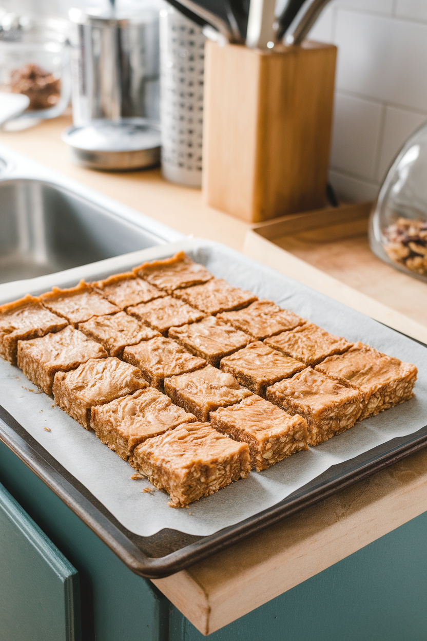 An indoor kitchen island with a tray of homemade oat and peanut butter bars cut into rectangles, parchment underneath; no text or logos.