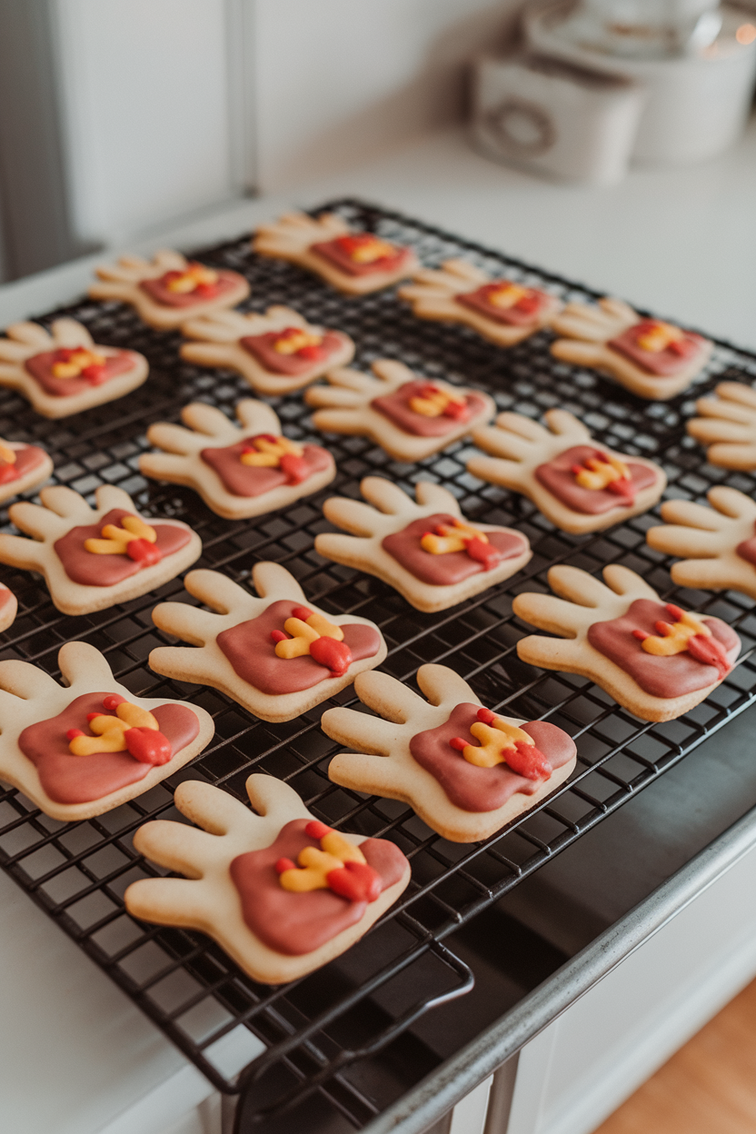 An indoor baking rack with handprint-shaped sugar cookies decorated like turkeys using colored icing for feathers. Photo, no text or logos.