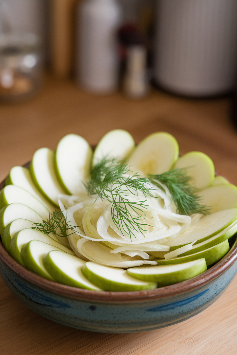 Indoor photograph of a ceramic bowl containing thinly sliced green apple, shaved fennel, and dill, lightly dressed, no text or logos.