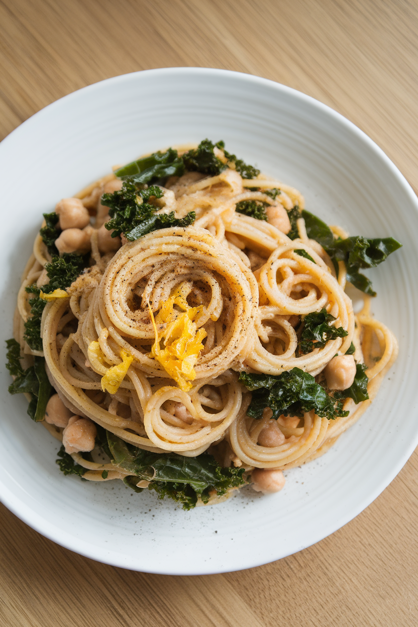 Photo of whole-wheat spaghetti twirled with chickpeas, kale ribbons, and lemon zest, indoor dinner plate. No text or logos.</Prompt