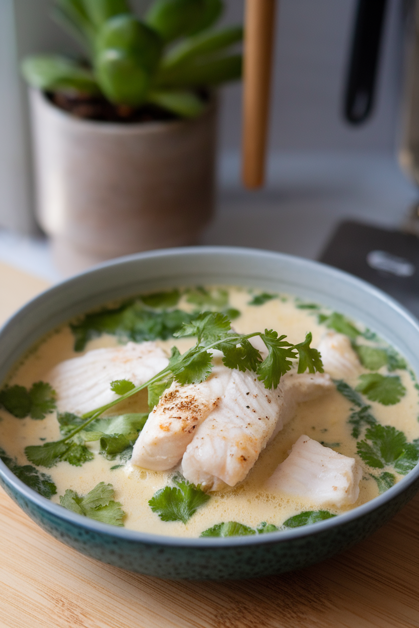 An indoor countertop with a shallow dish containing white halibut fillets in a creamy coconut-lime broth, garnished with cilantro. No text or logos visible. Photo.